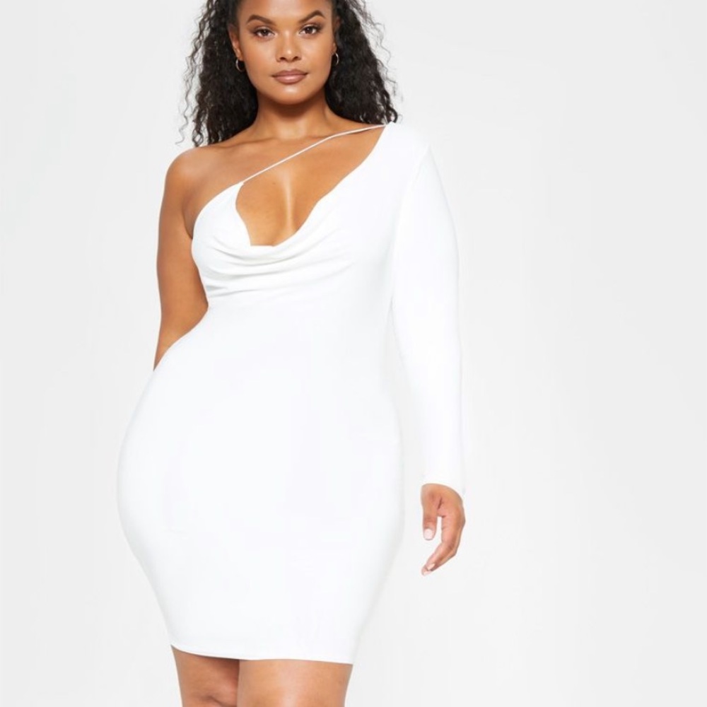 Plus White One Shoulder Cowl Neck Bodycon Dress - Picture 1 of 4